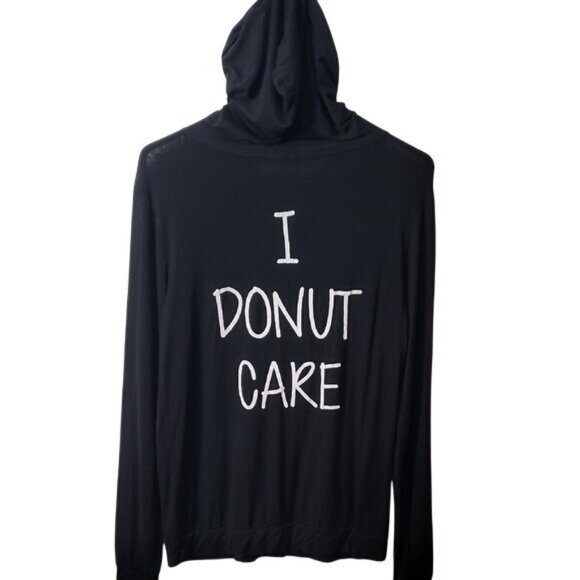 French Pastry Black Hoodie "I Donut Care" Lightweight Pullover With Drawstrings - Picture 2 of 9